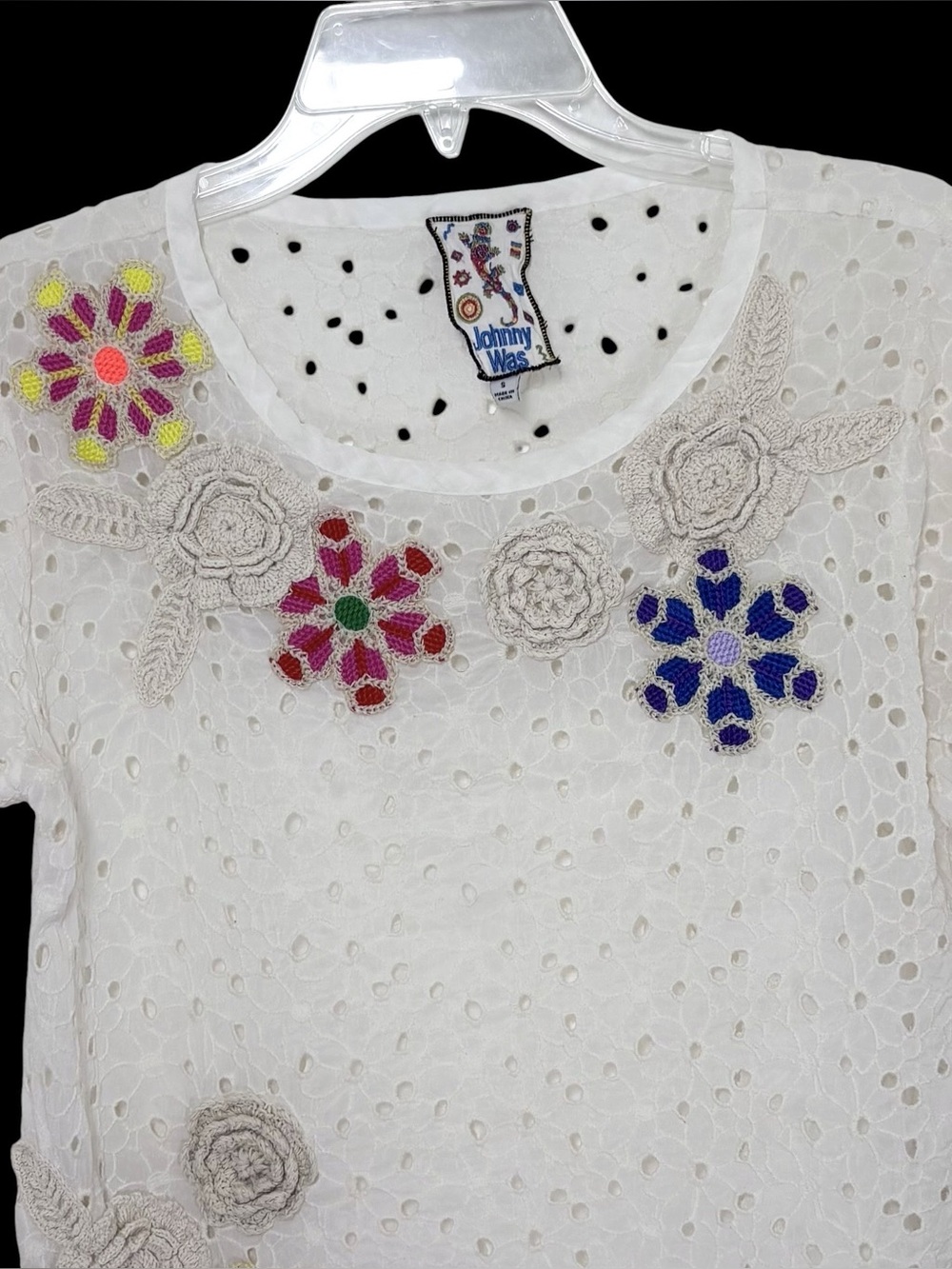 Johnny Was Nydia Applique Top Natural White Eyelet Crochet Floral Boho - Picture 3 of 10